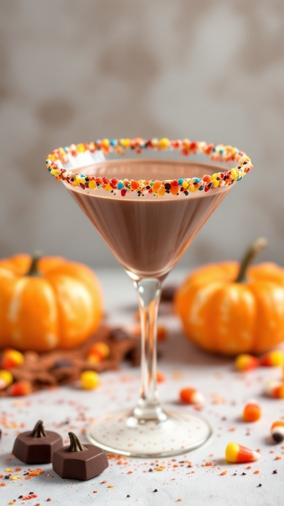 A festive Trick Or Treat Martini with a colorful candy rim and chocolate garnish.