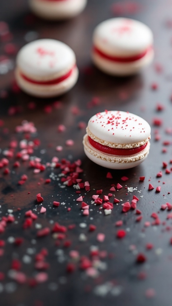 Vampire Bite Macarons with red filling, decorated with red sprinkles.