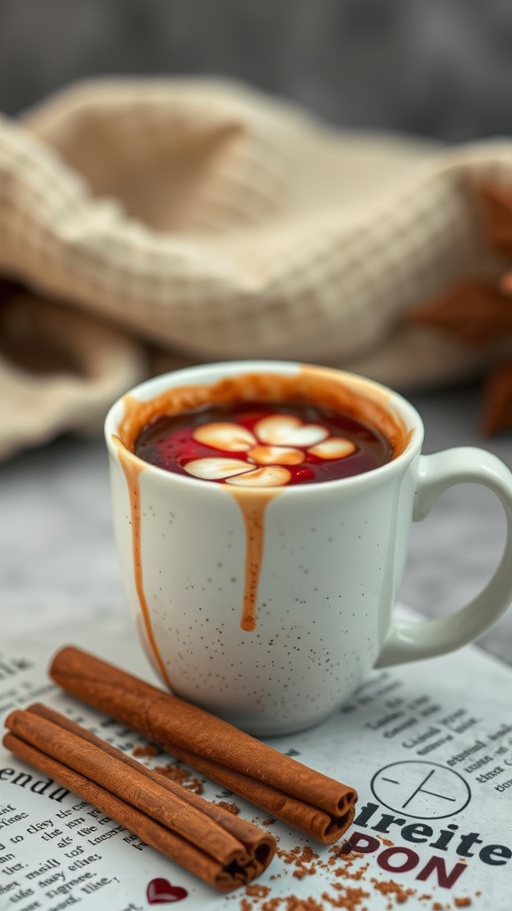 A cappuccino with a spooky twist, featuring rich espresso topped with foamed milk and red syrup.