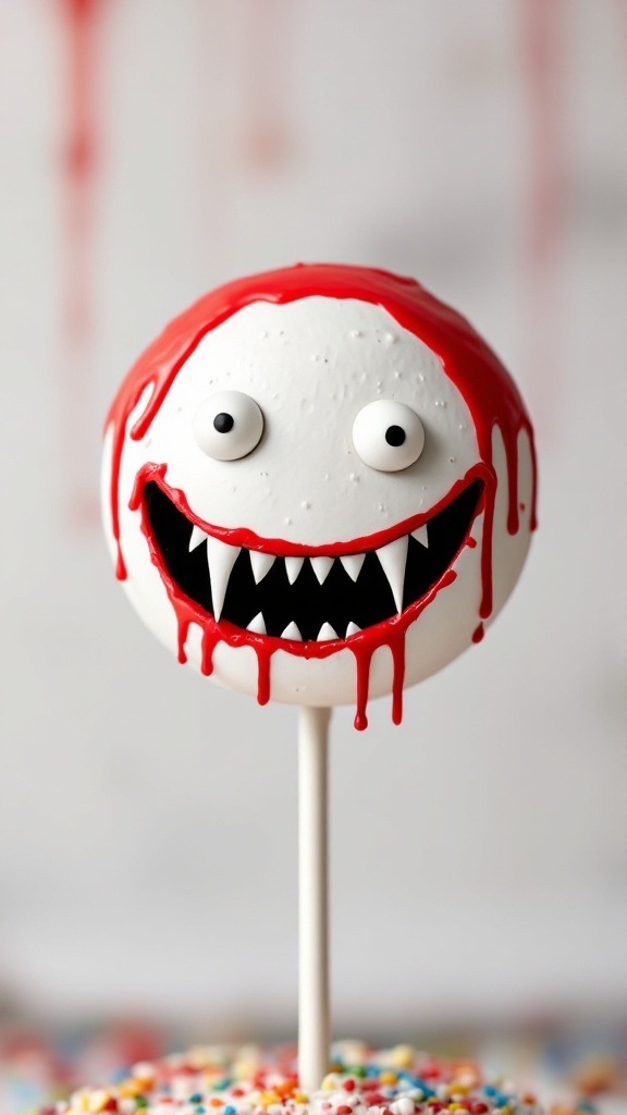 Vampire-themed cake pops with fangs and candy eyes, decorated for Halloween.