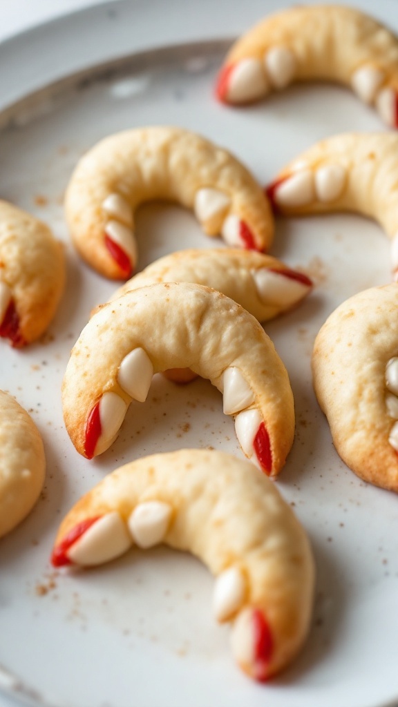 Halloween-themed vampire fang crescent cookies on a plate.