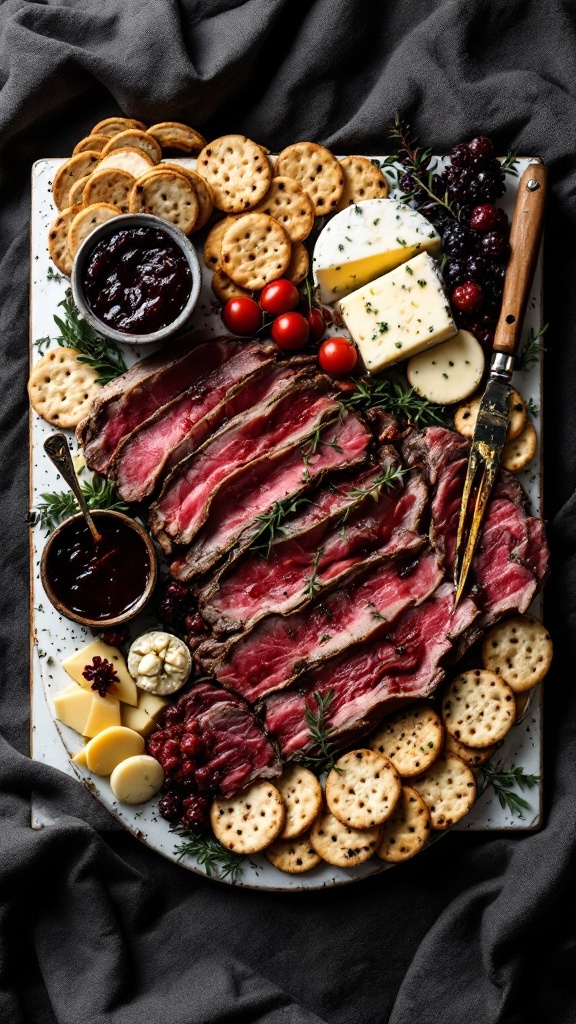 A spooky Halloween charcuterie board featuring sliced meats, cheeses, crackers, and decorative garnishes.