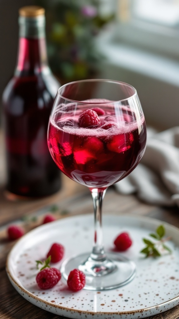 A vibrant Vampire's Kiss cocktail garnished with fresh raspberries