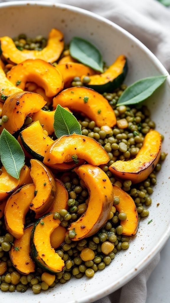 Warm acorn squash and lentil salad with sage served in a bowl.