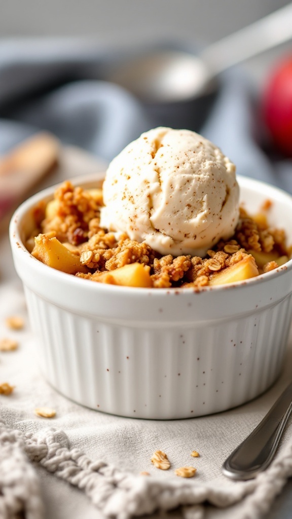 Warm apple crisp with cinnamon ice cream served in a white dish