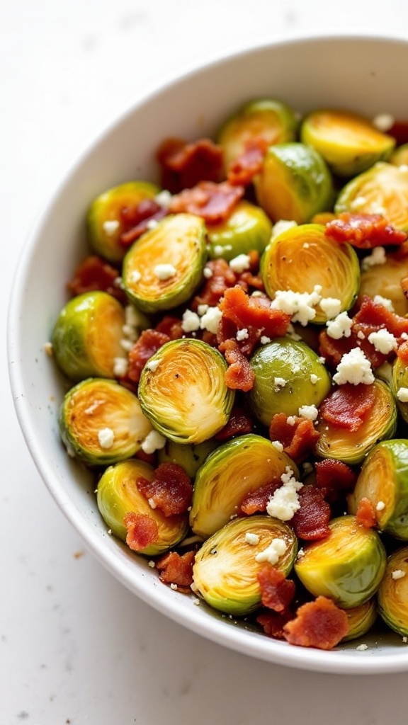 A warm salad featuring cooked Brussels sprouts, bacon pieces, and crumbled blue cheese in a white bowl.