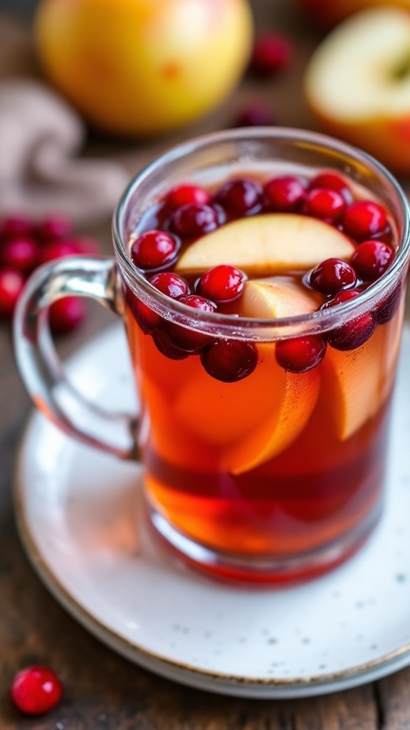 Warm cranberry-apple cider punch in a glass with fresh cranberries and apple slices.