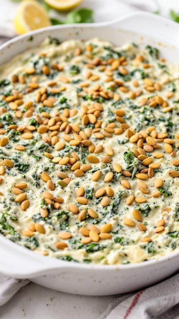 A creamy spinach-artichoke dip topped with toasted pumpkin seeds in a white baking dish.