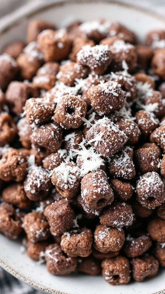 A bowl of chocolate cereal mixed with coconut and peanut butter.