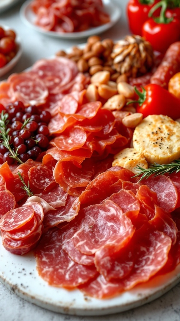 A colorful Halloween charcuterie board featuring meats, nuts, fresh fruits, and cheeses.