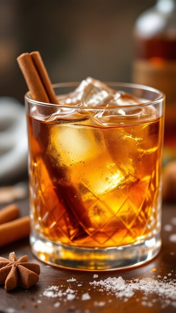 A spooky Halloween cocktail featuring a whiskey and apple cider blend, garnished with a cinnamon stick.