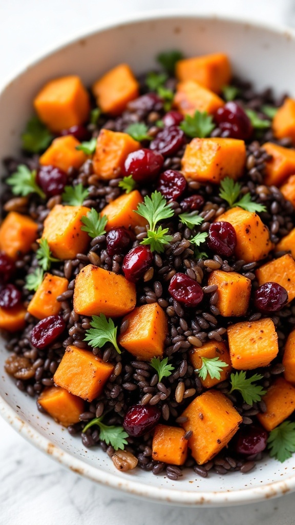 A colorful wild rice salad featuring roasted sweet potatoes and dried cherries.