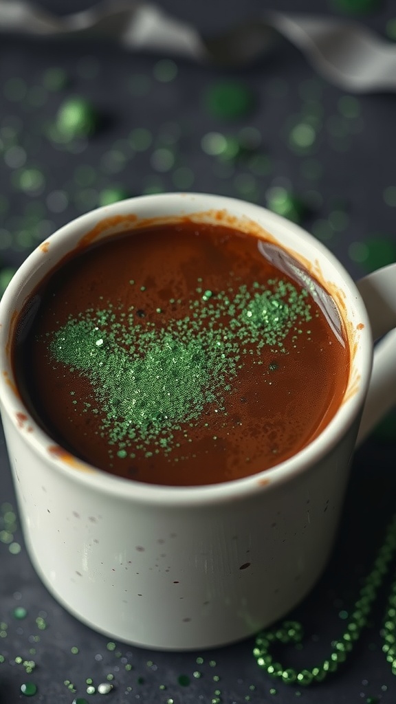 A cup of mocha coffee with green sprinkles on top.