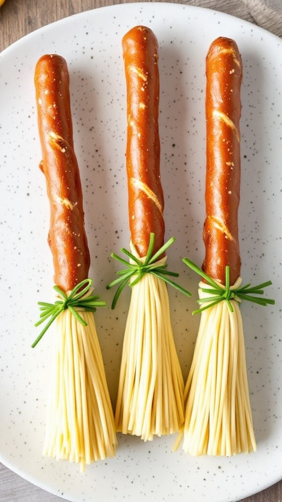 A creative Halloween snack idea featuring pretzel broomsticks with candy corn bristles.