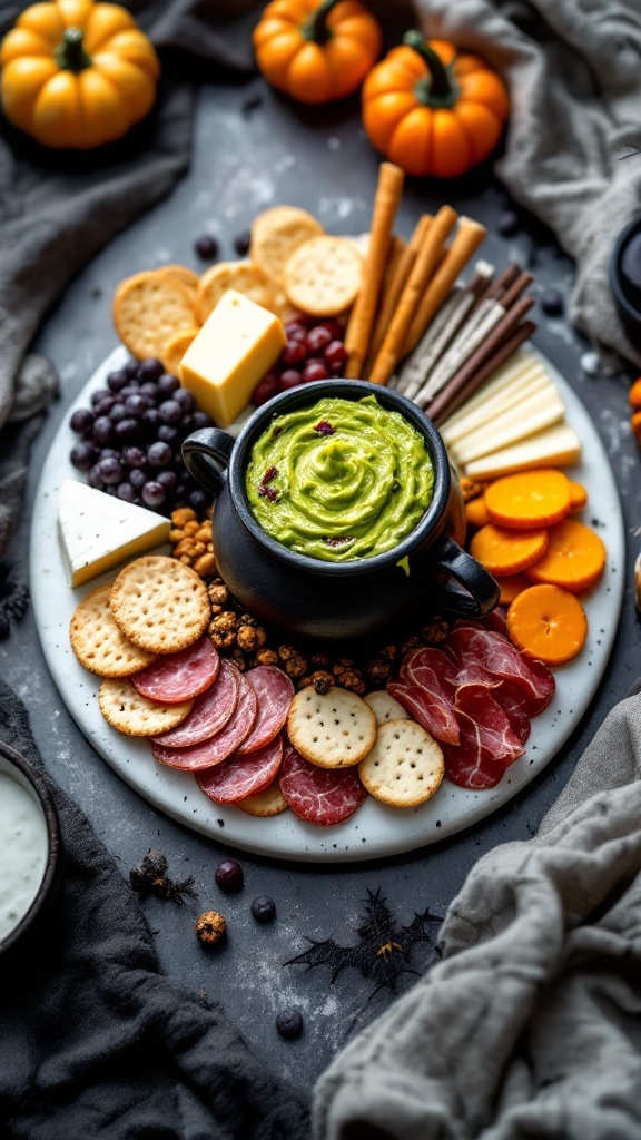 A witch's cauldron charcuterie board featuring a variety of cheeses, cured meats, crackers, fruits, and festive decorations.