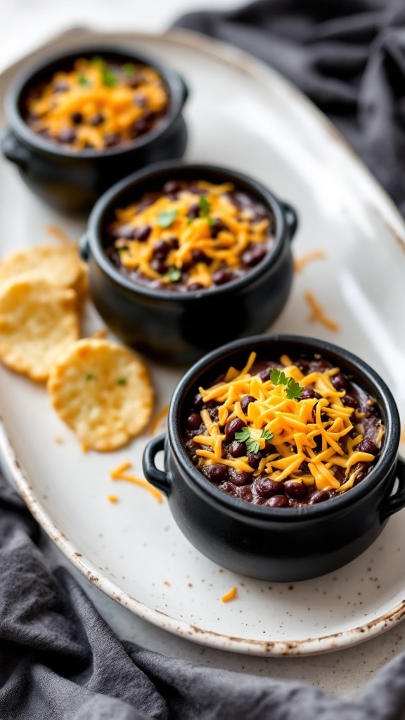 Witch's Cauldron Cheese Dip served in small black bowls with crackers on the side.
