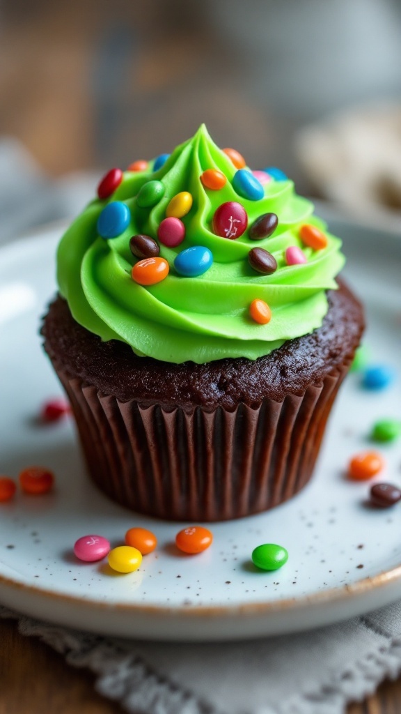 A festive green frosted cupcake topped with colorful candy.