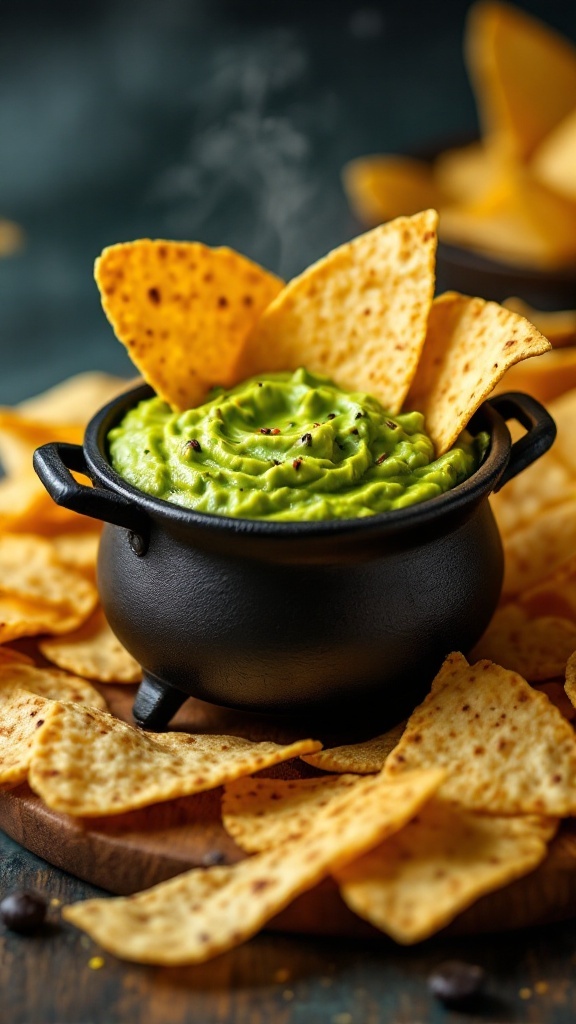 A cauldron filled with green dip and tortilla chips