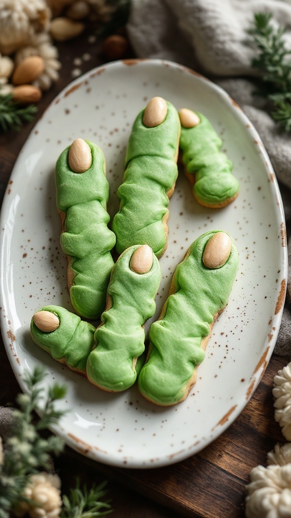 A plate of Witch's Finger Cookies shaped like spooky fingers with green frosting and almond tips.