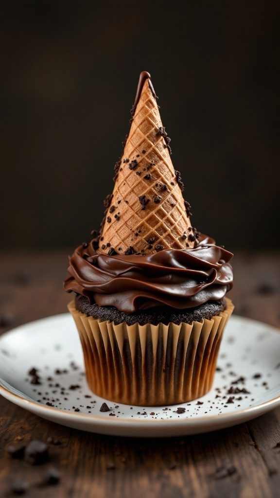 A delicious Witch's Hat Cupcake topped with chocolate frosting and an ice cream cone, creating a festive Halloween treat.
