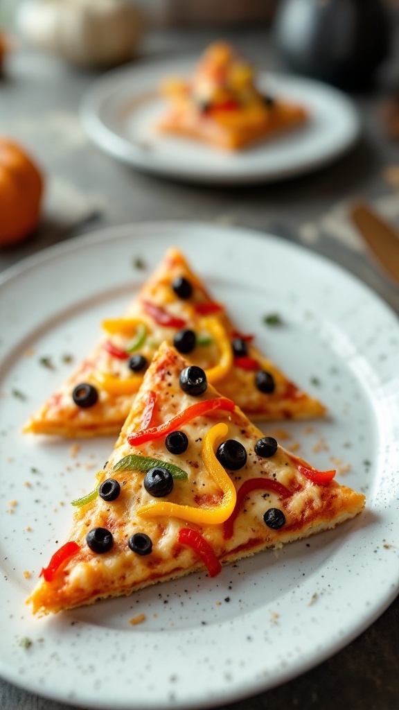 Witch's Hat Pizza decorated with olives and peppers.