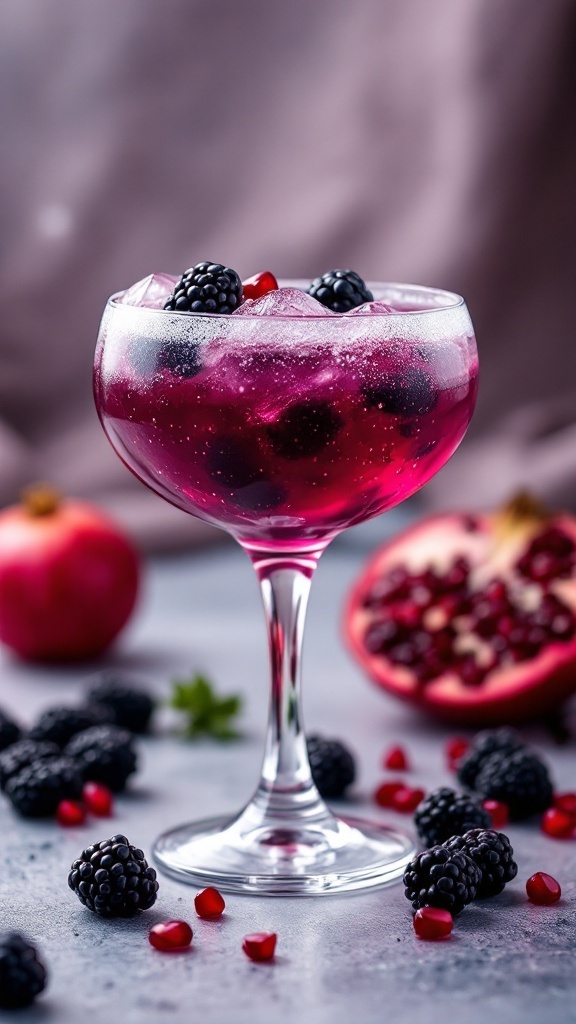 A vibrant Witch's Heart cocktail garnished with blackberries and pomegranate seeds, served in a glass.