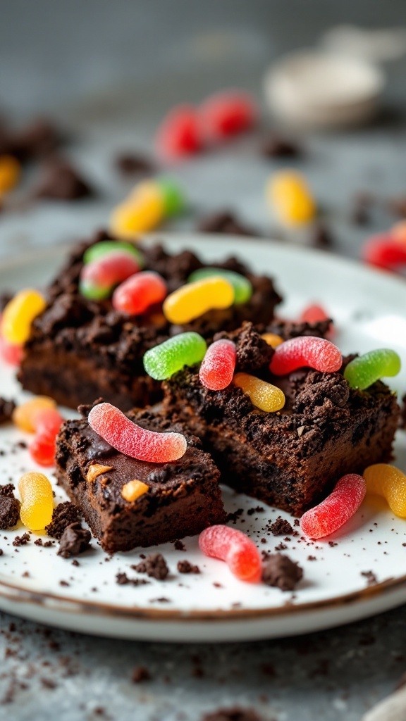 Worms in dirt brownies decorated with gummy worms and crushed chocolate cookies.