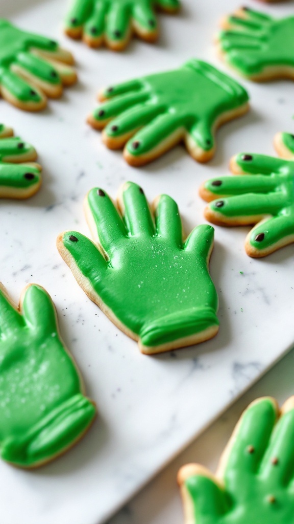 Zombie Hand Cookies decorated for Halloween