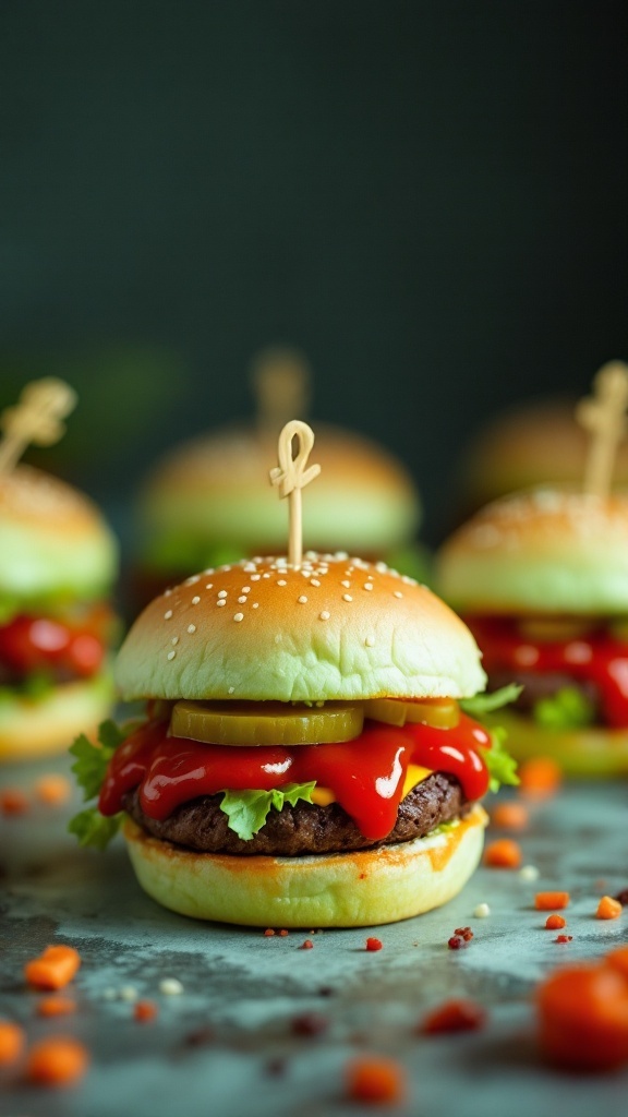 Mini burgers with ketchup, lettuce, and pickles, ready to be served for Halloween.